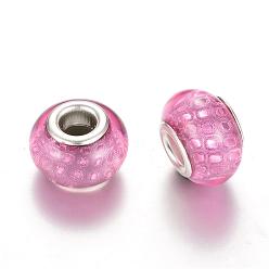 Plum Resin European Beads, Large Hole Beads, with Silver Color Plated Brass Cores, Rondelle, Plum, 14x9~9.5mm, Hole: 5mm
