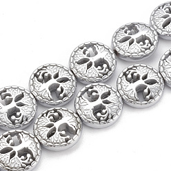 Platinum Plated Electroplate Non-magnetic Synthetic Hematite Beads Strands, Flat Round with Tree of Life, Platinum Plated, 12~12.5x4~4.5mm, Hole: 1mm, about 30pcs/strand, 14.56 inch