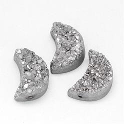 Silver Plated Electroplated Natural Druzy Quartz Crystal Beads, Moon, Silver Plated, 20x14x9~12mm, Hole: 1.5mm