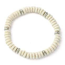 Blanc Bracelets extensibles en perles rondes et plates en pierre de lave teinte naturelle pour hommes, blanc, diamètre intérieur: 2-1/2 pouce (6.3 cm)