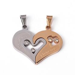 Golden & Stainless Steel Color 304 Stainless Steel Pendants, Split Heart, with Rhinestones and Word I Love You, For Valentine's Day, Golden & Stainless Steel Color, 25x30x3mm, Hole: 3.5x7mm