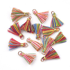 Colorful Polycotton(Polyester Cotton) Tassel Pendant Decorations, Mini Tassel, with Iron Findings and Metallic Cord, Light Gold, Colorful, 10~15x2~3mm, Hole: 1.5mm