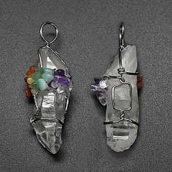 Platinum Natural Quartz Crystal Big Pendants, with Mixed Gemstone Chips and Brass Findings, Nuggets, Platinum, 60~110x20~27mm, Hole: 7x10mm