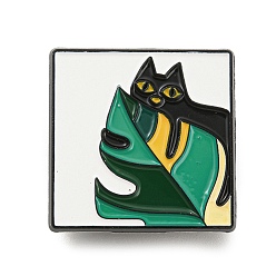 Verdemar Medio Cuadrado con alfileres esmaltados con un gato y una hoja de monstera, Broche de aleación negra para ropa mochila., verde mar medio, 25.5x25.5x1 mm