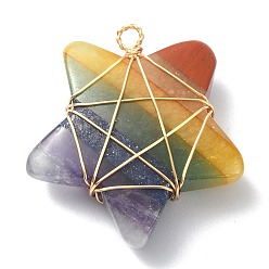 Golden 7 Chakra Gemstone Copper Wire Wrapped Pendants, Natural Mixed Stone Star Charms, Golden, 31~32x29.5~30x9mm, Hole: 2.5mm