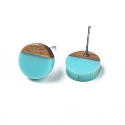 Medium Turquoise Opaque Resin & Walnut Wood Stud Earrings, with 316 Stainless Steel Pins, Flat Round, Medium Turquoise, 10mm, Pin: 0.7mm