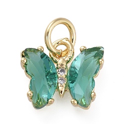 Teal Brass Micro Pave Clear Cubic Zirconia Pendant, with Glass, Butterfly, Golden, Teal, 18mm