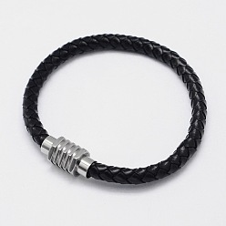 Черный Плетеные браслеты шнур кожаный, с 304 из нержавеющей стали магнитные застежки, чёрные, 200x6 мм