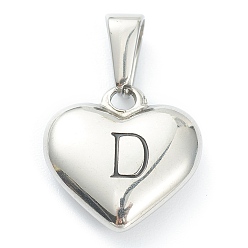 Letter D Pendentifs en acier inoxydable, coeur avec lettre noire, couleur inox, letter.d, 304mm, Trou: 16x16x4.5mm