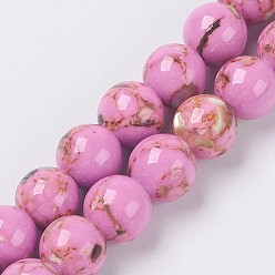Flamingo Sea Shell and Synthetic Turquoise Assembled Beads Strands, Round, Flamingo, 10mm, Hole: 1.2mm, about 40pcs/strand, 15.5 inch(39.5cm)