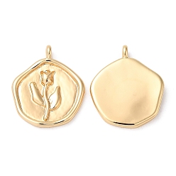 Real 18K Gold Plated Brass Pendants, Nickel Free, Polygon with Flower Charm, Real 18K Gold Plated, 19.5x16.5x2mm, Hole: 1.2mm