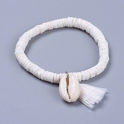 White Cotton Thread Tassels Charm Bracelets, with Shell Beads and Cowrie Shell Beads, with Burlap Paking Pouches Drawstring Bags, White, 2 inch(5~5.1cm)