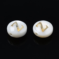 Letter Z Natural Freshwater Shell Beads, with Golden Plated Brass Etched Metal Embellishments, Flat Round with Letter, Seashell Color, Letter.Z, 6x4mm, Hole: 0.8mm