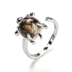 Rodonita Anillo de puño abierto de tortuga de rodonita natural, anillo de latón platino, tamaño de EE. UU. 8 1/2 (18.5 mm)