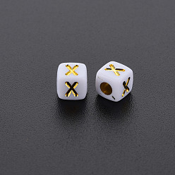 Letter X Opaque White Acrylic Beads, Metal Enlaced, Cube with Letters, Letter.X, 4.5mm, Hole: 2mm, about 5000pcs/500g