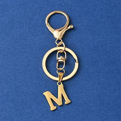 Letter M 304 Stainless Steel Initial Letter Charm Keychains, with Alloy Clasp, Golden, Letter M, 8.5cm