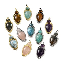 Mixed Stone Natural Mixed Stone Pendants, Teardrop Charms with Rack Plating Platinum & Golden Plated Brass Findings, Cadmium Free & Lead Free, 43.5x22x7.8mm, Hole: 3.2x5.3mm