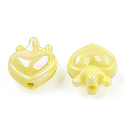 Champagne Yellow UV Plating Opaque Rainbow Iridescent Acrylic Beads, Heart with Crown, Champagne Yellow, 24.5x21.5x14mm, Hole: 3mm