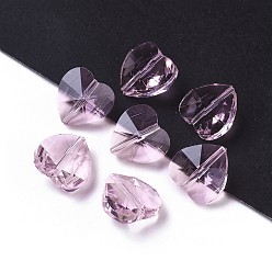 Pink Perlas de vidrio transparentes, facetados, corazón, rosa, 14x14x8~9 mm, agujero: 1~1.2 mm