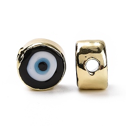 Black Handmade Evil Eye Lampwork Beads, with Golden Tone Brass Findings, Long-Lasting Plated, Cadmium Free & Lead Free, Flat Round, Black, 12.5x8mm, Hole: 2.5mm