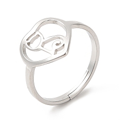 Color de Acero Inoxidable 201 anillo de dedo de acero inoxidable, corazón con anillos de gato para mujer, tema de mascotas, color acero inoxidable, tamaño de EE. UU. 6 1/4 (16.7 mm)