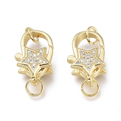 Real 18K Gold Plated Brass Micro Pave Clear Cubic Zirconia Lobster Claw Clasps, with Jump Rings, Long-Lasting Plated, Star, Real 18K Gold Plated, 16.5x10x5.5mm, Hole: 3.5mm