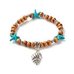 Chocolate Starfish Synthetic Turquoise Beads & Round Natural Wood Beads Stretch Bracelet, Shell Shape Alloy Charm Bracelet for Women, Chocolate, Inner Diameter: 2-1/8 inch(5.5cm)