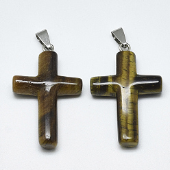 Tiger Eye Natural Tiger Eye Pendants, with Stainless Steel Snap On Bails, Cross, Stainless Steel Color, 44~46x28x8mm, Hole: 3~4x7~8.5mm