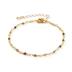 Tourmaline Faceted Round Natural Tourmaline Beaded Bracelets, with Brass Lobster Claw Clasps, Golden, 7-3/8 inch(18.7cm)
