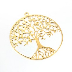 Золотой Филигрань дерево жизни латунных подвесок, золотые, 39x36x0.6 мм, отверстие : 2 мм