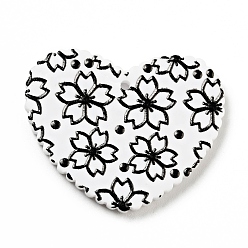 Black Printed Acrylic Pendants, Heart with Sakura Pattern, Black, 26x31.5x2mm, Hole: 1.5mm