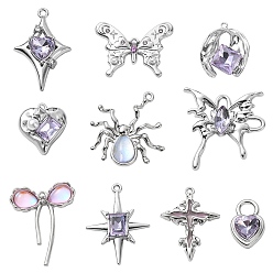 Lilac Rack Plating Alloy Pendants, with Glass Rhinestone and ABS Plastic Imitation Pearl, Resin, Mixed Shapes, Lilac, 18~30x12~27x3~7mm, Hole: 1~4.5mm, 1pc/style