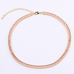 Pink Cubic Zirconia Classic Tennis Necklace, Golden Brass Rectangle Link Chain Necklaces, Pink, 12.99 inch(33cm)