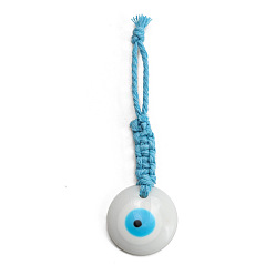 White Flat Round with Evil Eye Resin Pendant Decorations, Cotton Cord Braided Hanging Ornament, White, 109mm