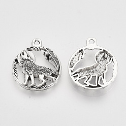 Antique Silver Tibetan Style Alloy Howling Wolf Pendants, Cadmium Free & Lead Free, Flat Round with Wolf, Antique Silver, 25.5x21x3mm, Hole: 1.8mm, about 215pcs/500g