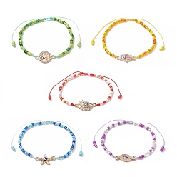 Mixed Shapes Alloy Enamel Evil Eye & Glass Seed Braided Bead Bracelet with Crystal Rhinestone for Women, Mixed Shapes, Inner Diameter: 2~3-1/4 inch(5~8.3cm)