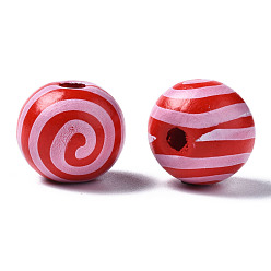 FireBrick Painted Natural Wood European Beads, Large Hole Beads, Printed, Round with Stripe, FireBrick, 16x15mm, Hole: 4mm