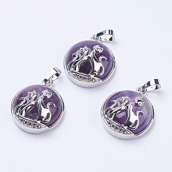 Amethyst Natural Amethyst Pendants, with Brass Findings, Flat Round with Fox, Platinum, 28~29x23~24x9~10mm, Hole: 5x7mm