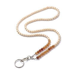 Platinum Natural Wood Beaded ID Card Neck Strap Card Holder, Badge Holder Lanyard, with Natural Red Aventurine Beads and Iron Swivel Clasps, Platinum, 19.69 inch(50cm)