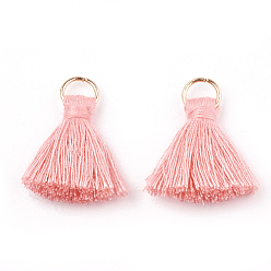 Pink Décorations pendentif gland en polycoton (polyester coton), avec les accessoires en fer, or et de lumière, rose, 20~30x7~8mm, Trou: 5mm