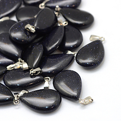 Blue Goldstone Teardrop Synthetic Blue Goldstone Pendants, with Platinum Tone Brass Findings, 25~29x16~17x5~6mm, Hole: 2x7mm