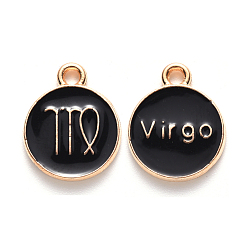 Virgo Alloy Enamel Pendants, Flat Round with Constellation, Light Gold, Black, Virgo, 15x12x2mm, Hole: 1.5mm, 50pcs/Box