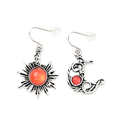 Orange Red Resin Beaded Moon and Sun Asymmetrical Earrings, Alloy Dangle Earrings for Women, Orange Red, 40.5~45mm, Pin: 0.6mm