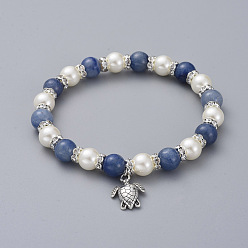 Aventurine Étirer bracelets de charme, avec des perles naturelles aventurine, Perles en verre nacré, breloques en alliage de zinc et perles d'espacement en laiton strass, tortue de mer, 2-1/8 pouce (5.3 cm)