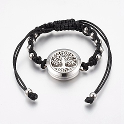 Stainless Steel Color 304 Stainless Steel Essential Oil Braided Bead Bracelets, with Waxed Cords, Tree of Life, Stainless Steel Color, 1-7/8 inch(4.7cm)~2-1/2 inch(6.3cm)