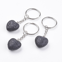 Lava Rock Natural Lava Rock Keychain, with Platinum Iron Findings, Heart, 72mm