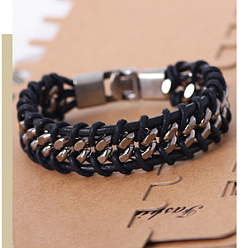 Noir Bracelets de corde de cuir d'imitation, avec les accessoires en alliage, platine, noir, 210x20 mm (8-1/4 pouces x 3/4 pouces)