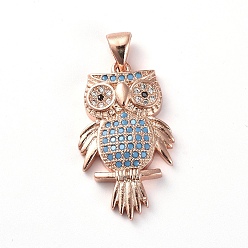 Rose Gold Brass Micro Pave Cubic Zirconia Pendants, Owl, Colorful, Rose Gold, 25x14.5x4mm, Hole: 4x4mm