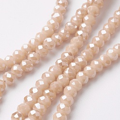 PeachPuff Electroplate Glass Beads Strands, Pearl Luster Plated, Faceted, Rondelle, PeachPuff, 4~4.5x3mm, Hole: 0.5mm, about 130~135pcs/strand, 15.5~16 inch(39~40cm)