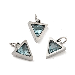 Cadet Blue 304 Stainless Steel Pendants, with Cubic Zirconia and Jump Rings, Single Stone Charms, Triangle, Stainless Steel Color, Cadet Blue, 11x9.5x3mm, Hole: 3.6mm